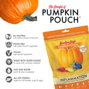 Pumpkin pouch supplement for dogs and cats with benefits listed on a white background