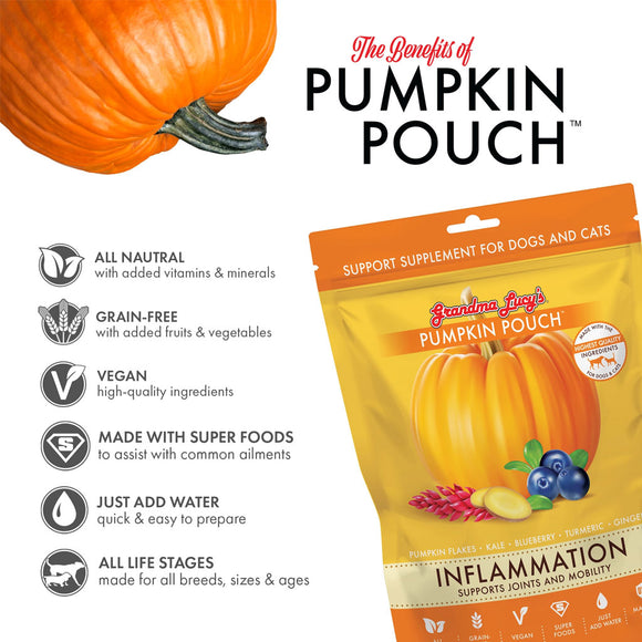 Pumpkin pouch supplement for dogs and cats with benefits listed on a white background