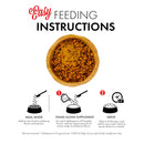 Feeding instructions for a pet product with a bowl of food and icons.