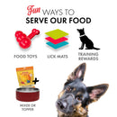 Dog products including food toys, lick mats, training rewards, and a dog bowl with a dog looking at the camera.