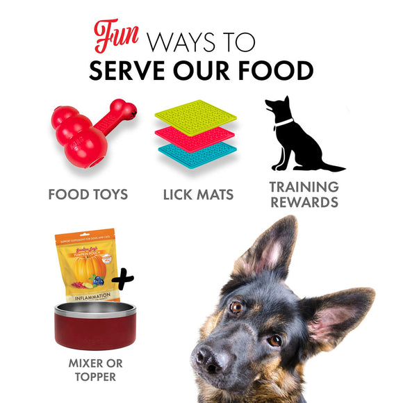 Dog products including food toys, lick mats, training rewards, and a dog bowl with a dog looking at the camera.