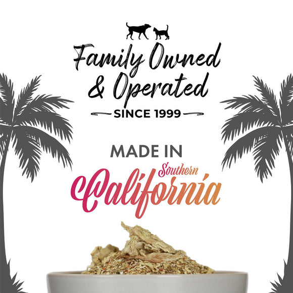 Product with 'Family Owned & Operated Since 1999, Made in Southern California' text and palm tree silhouettes.