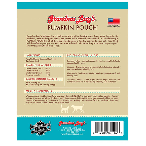 Back label of Grandma Lucy's Pumpkin Pouch with text and branding.