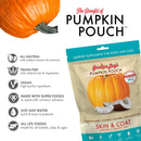 Pumpkin Pouch supplement package for dogs and cats with text highlighting benefits on a white background.