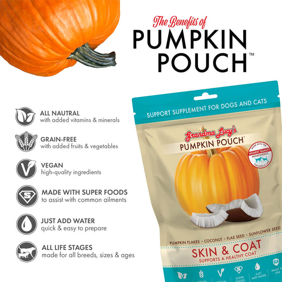 Pumpkin Pouch supplement package for dogs and cats with text highlighting benefits on a white background.