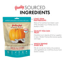 Pumpkin pouch for dogs and cats with quality sourcing information on a white background