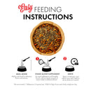 Feeding instructions for a pet product with a wooden bowl of mix and icons.