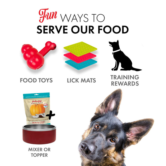Dog products including food toys, lick mats, training rewards, and a mixer or topper with a dog looking at the camera.