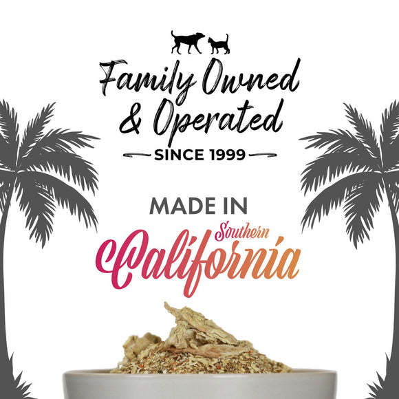 Product with 'Family Owned & Operated Since 1999, Made in Southern California' text and palm tree silhouettes.