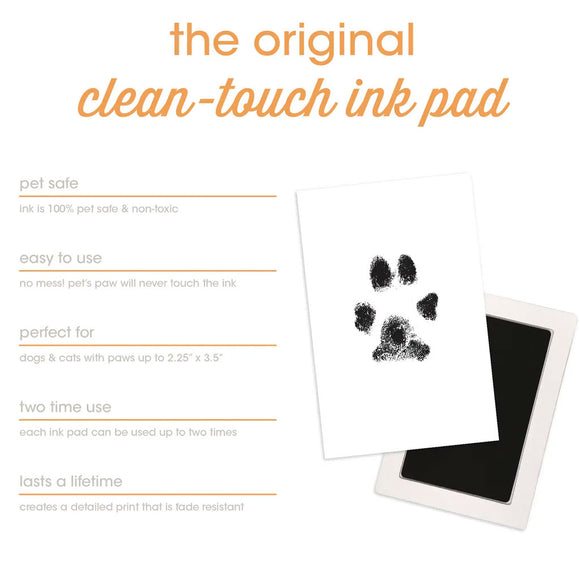 Ink pad with paw print and product features on a white background