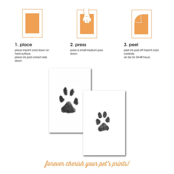 Instructions for using a paw print kit with two completed paw prints on cards.