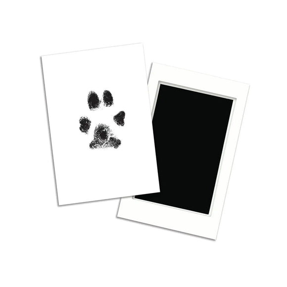 Two cards with black paw prints on a white background