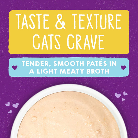 Cat food packaging with text about taste, texture, and ingredients on a purple background.