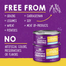 Stella & Chewy's Carnivore Cravings cat food cans on a purple background with text about ingredients and benefits.