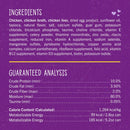Ingredients and guaranteed analysis for a pet food product on a purple background