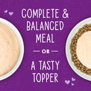 Pet food bowls with text on a purple background