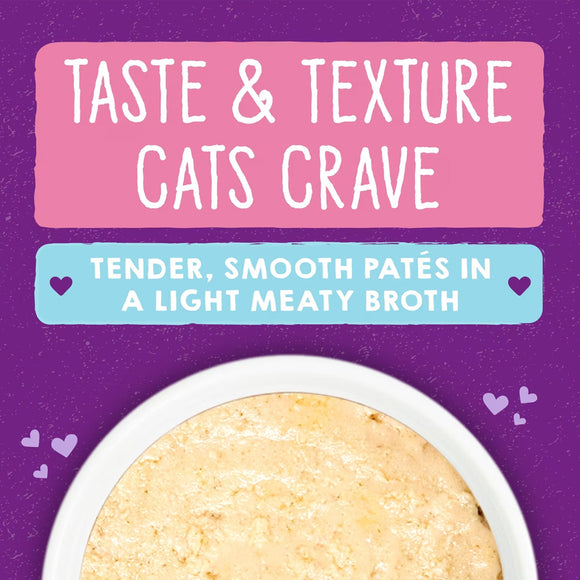 Cat food advertisement with text about taste, texture, and ingredients on a purple background.