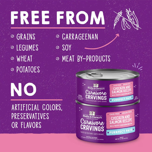 Purple background with 'Carnivore Cravings' pet food cans and text highlighting free-from and no-content claims.