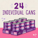 Packaging of 24 individual cans with purple and pink labels on a pink and beige background.