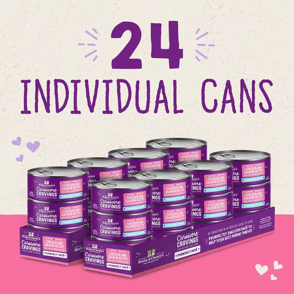 Packaging of 24 individual cans with purple and pink labels on a pink and beige background.