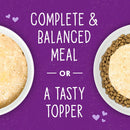 Two bowls of pet food with text on a purple background