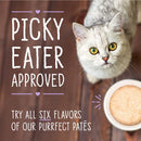 Cat looking at a bowl of pâté with text 'Picky Eater Approved' and 'Try all six flavors of our purrfect pâtés'.