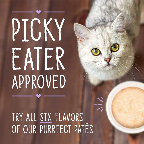 Cat looking at a bowl of pâté with text 'Picky Eater Approved' and 'Try all six flavors of our purrfect pâtés'.