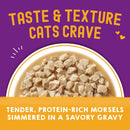 Cat food with text highlighting taste, texture, and ingredients on a purple and yellow background