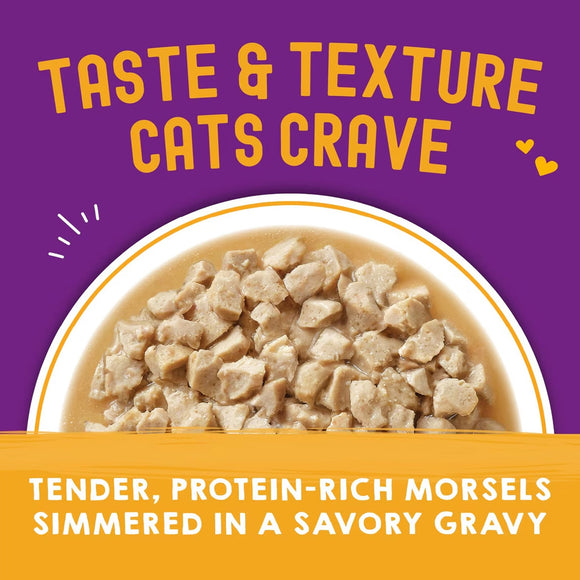Cat food with text highlighting taste, texture, and ingredients on a purple and yellow background