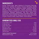 Ingredients and guaranteed analysis chart on a purple background