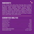 Ingredients and guaranteed analysis chart on a purple background