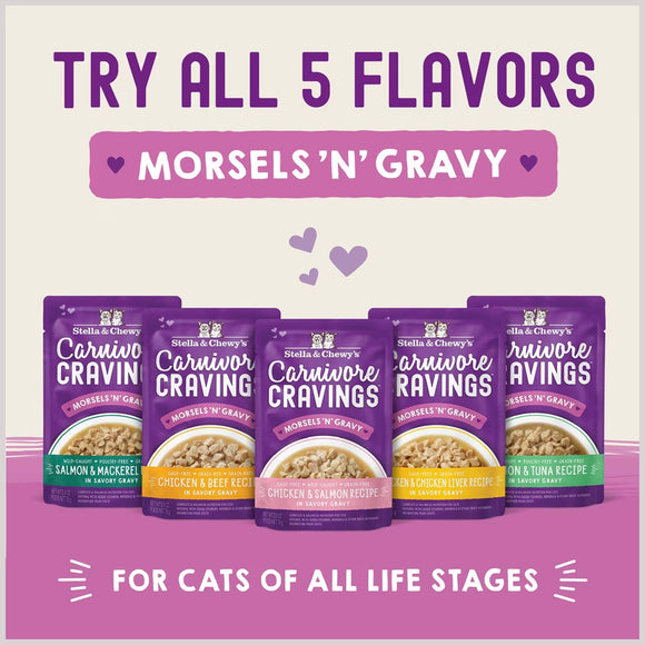 Stella & Chewy's Carnivore Cravings cat food packages on a pink background with text promoting all 5 flavors.