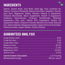 Ingredients and guaranteed analysis label on a purple background