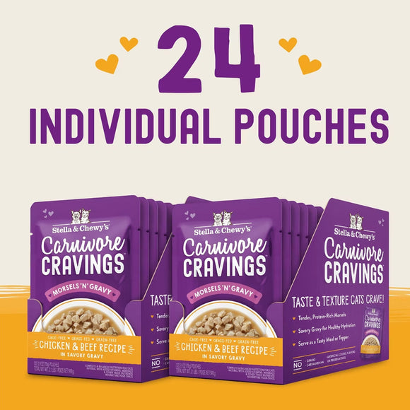 Stella & Chewy's Carnivore Cravings cat food packages with a promotional text about 24 individual pouches on a light background.