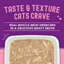 Cat food in a white dish with promotional text on a purple background