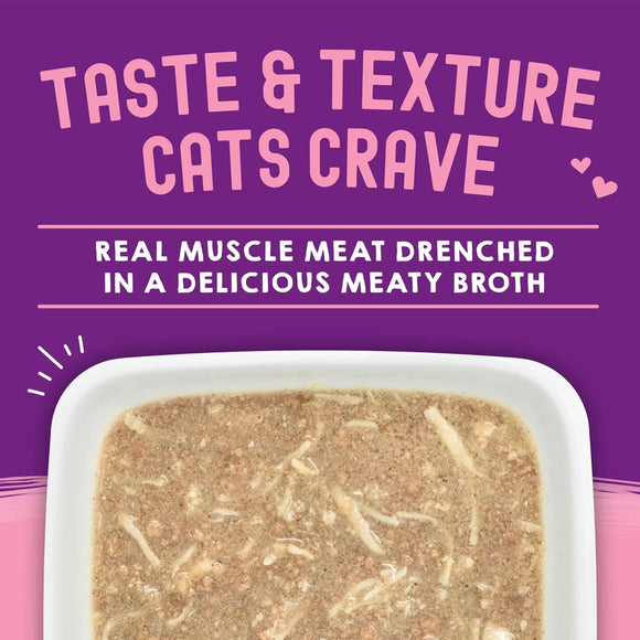 Cat food in a white dish with promotional text on a purple background