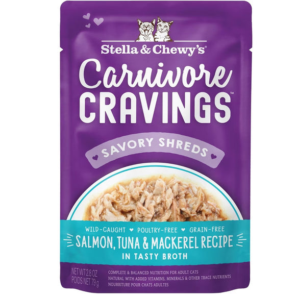 Stella & Chewy's Carnivore Cravings Savory Shreds pet food package on a white background