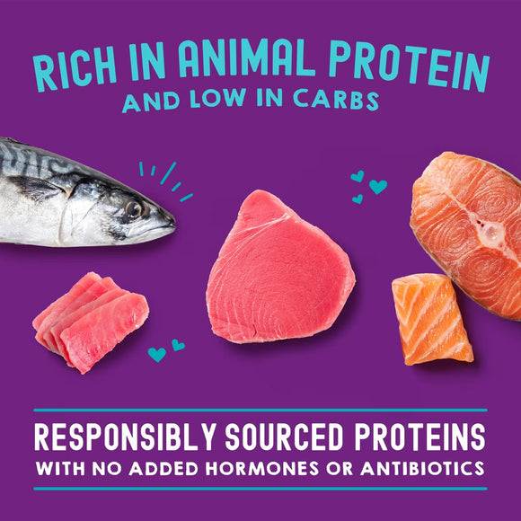 Promotional graphic highlighting animal protein sources with text on a purple background