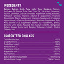 Ingredients and guaranteed analysis chart on a purple background
