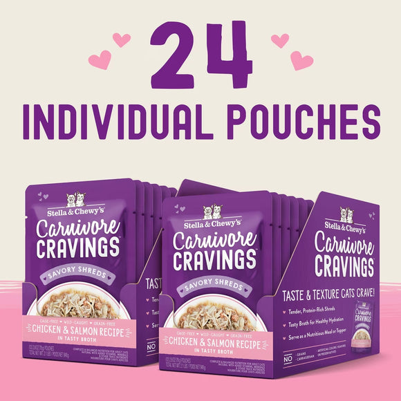 Stella & Chewy's Carnivore Cravings cat food packages with text indicating 24 individual pouches on a pink background.