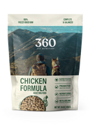 360 Pet Nutrition Chicken Formula dog food package with a mountain and person with a dog on a backpack