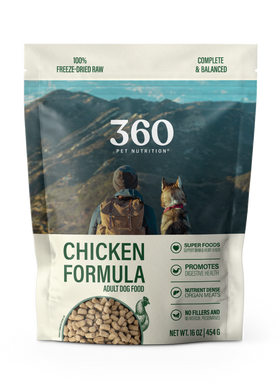 360 Pet Nutrition Chicken Formula dog food package with a mountain and person with a dog on a backpack