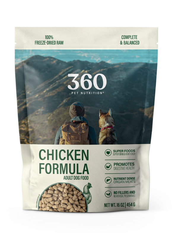 360 Pet Nutrition Chicken Formula dog food package with a mountain and person with a dog on a backpack