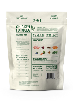 Package of 360 Chicken Formula dog food on a white background