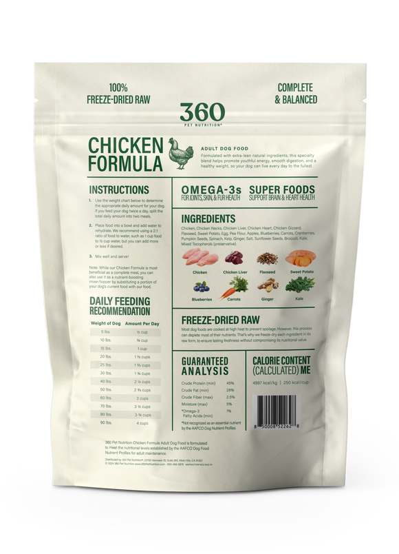 Package of 360 Chicken Formula dog food on a white background