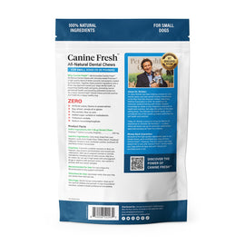 Back Label of Ultimate Pet Nutrition Canine Fresh All-Natural Dental Chews for Small Dogs 10-25 lbs, 30 count