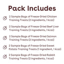 List of freeze-dried training treats included in a pack with text on a white background.