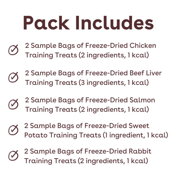 List of freeze-dried training treats included in a pack with text on a white background.