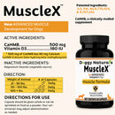 MuscleX supplement bottle for dogs with label details on a white background