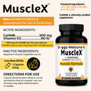 Doggy Naturals MuscleX supplement bottle with label and text about active and inactive ingredients.